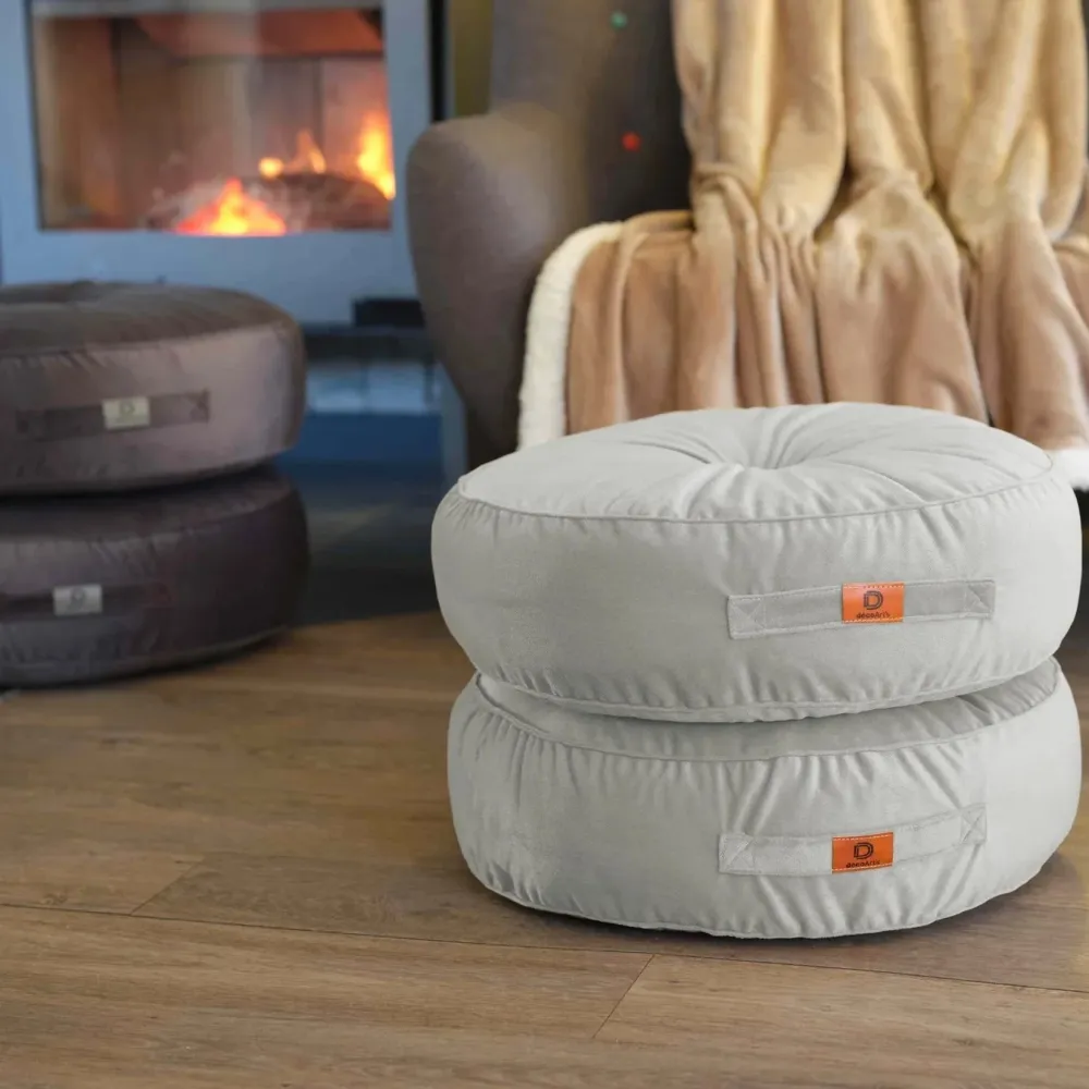 Set di 2 Pouf Rotondi Velluto Ø50 Grigio Chiaro - (Design Morbido & Maniglia)