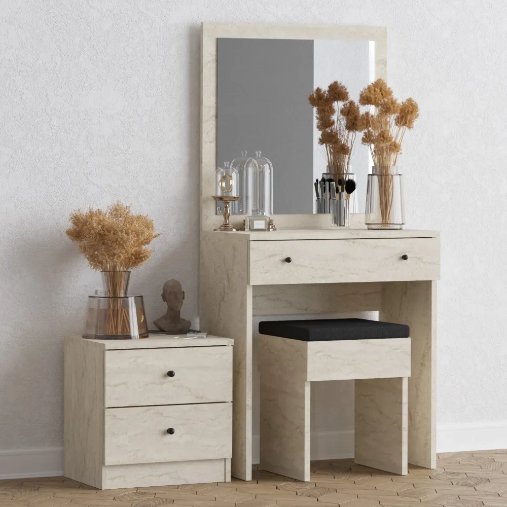 Set scrivania sgabello e cassettiera per make up colore travertino 3 pezzi