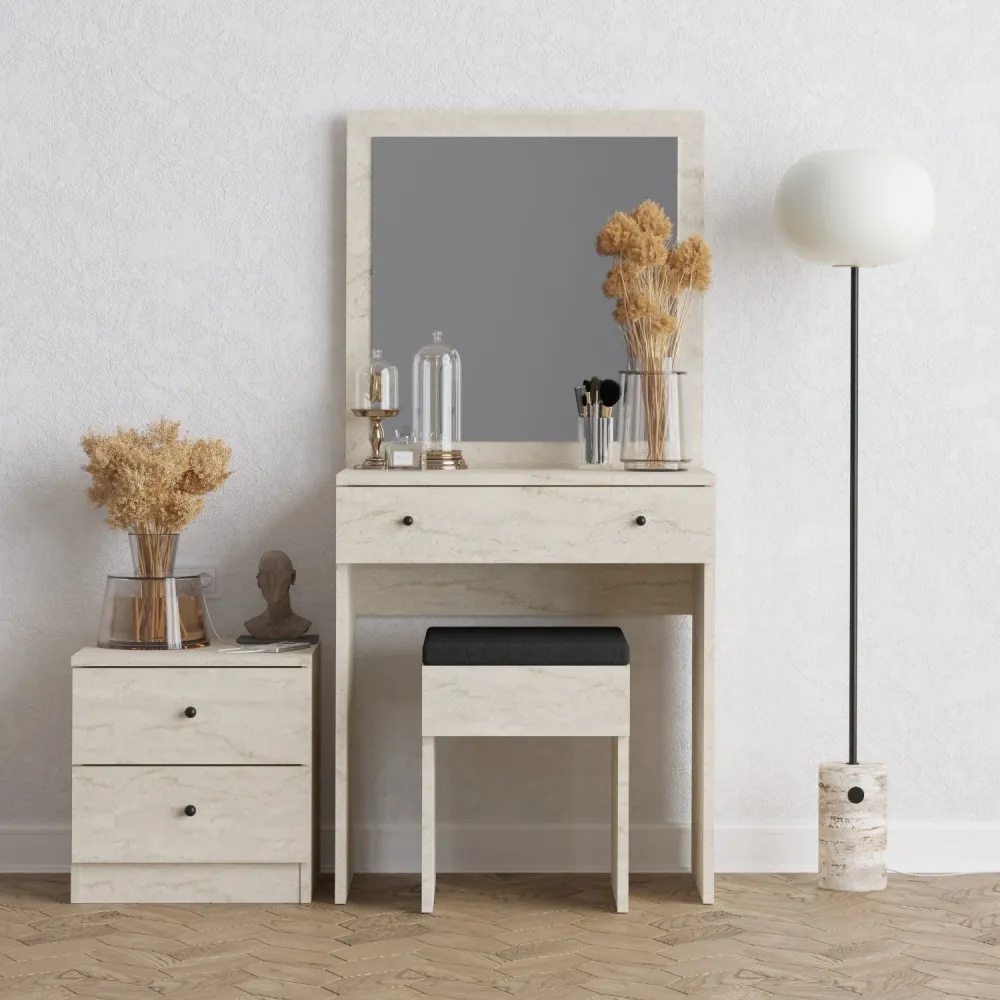 Set scrivania sgabello e cassettiera per make up colore travertino 3 pezzi