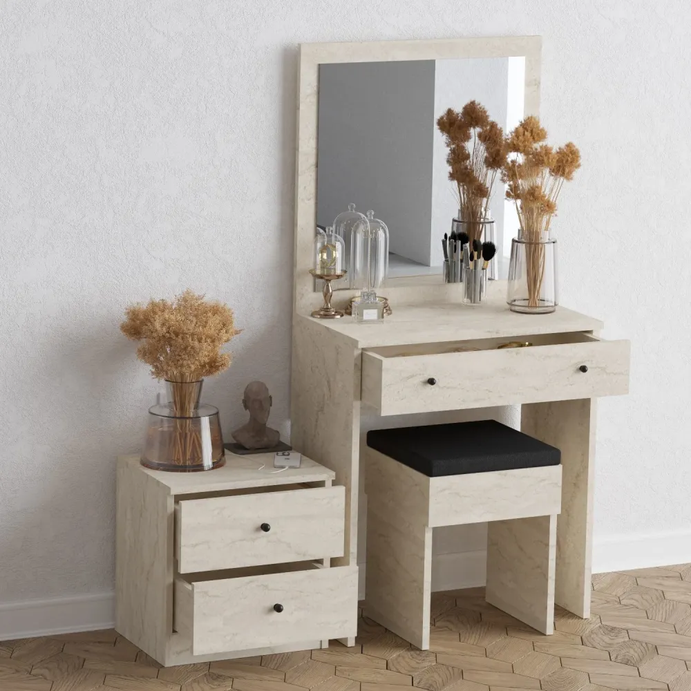 Set scrivania sgabello e cassettiera per make up colore travertino 3 pezzi