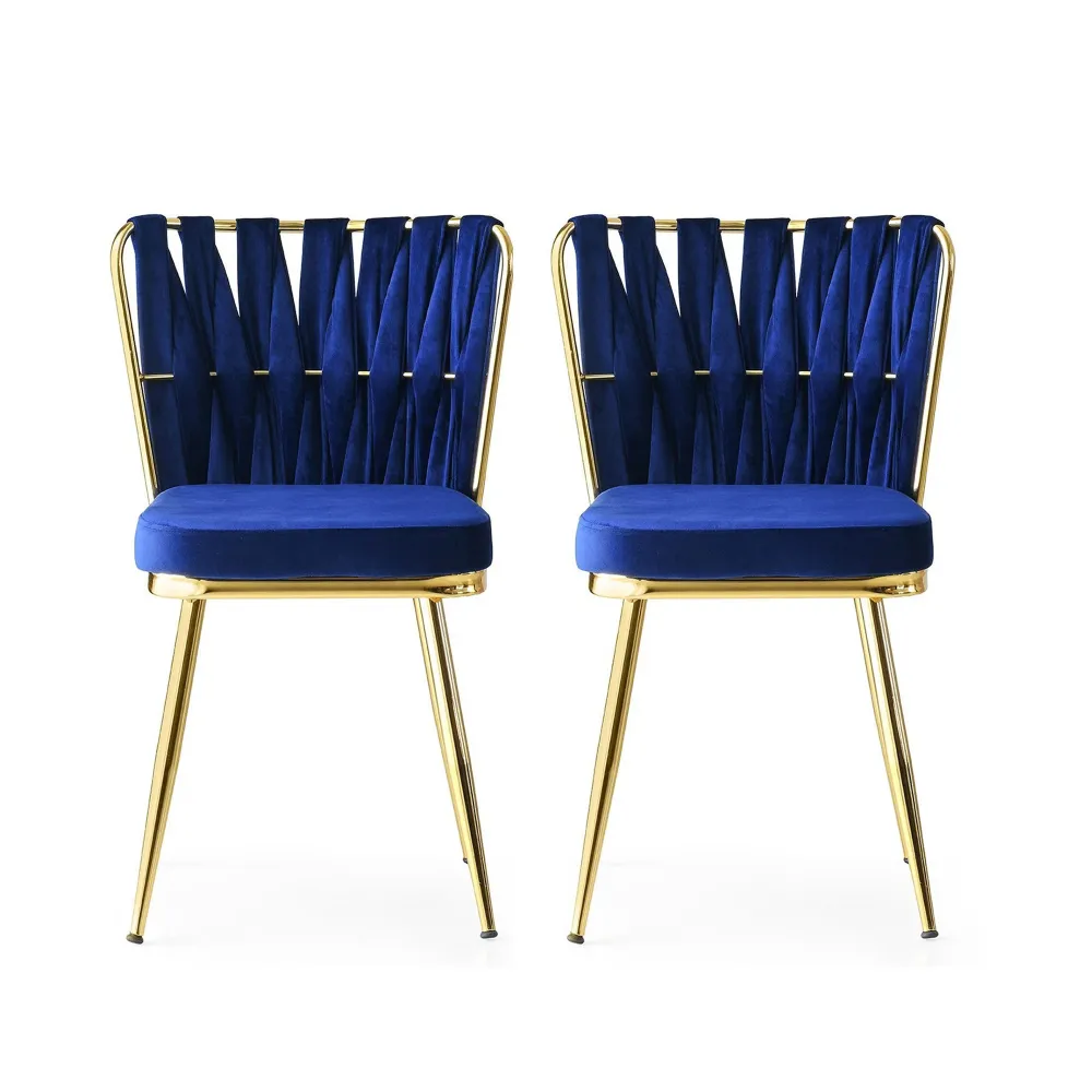 Set da 2 sedia design moderno velluto blu navy gambe metallo dorate cm 43x43x82h