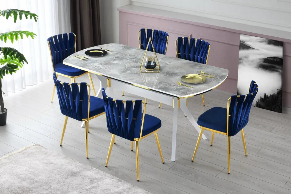 Set da 2 sedia design moderno velluto blu navy gambe metallo dorate cm 43x43x82h