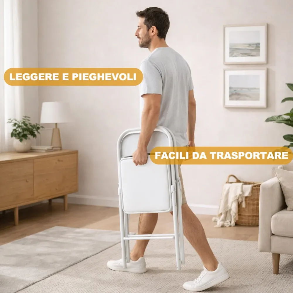 Set 4 Sedie Bianche Metallo e Seduta Ecopelle Imbottita Sedia Ergonomica