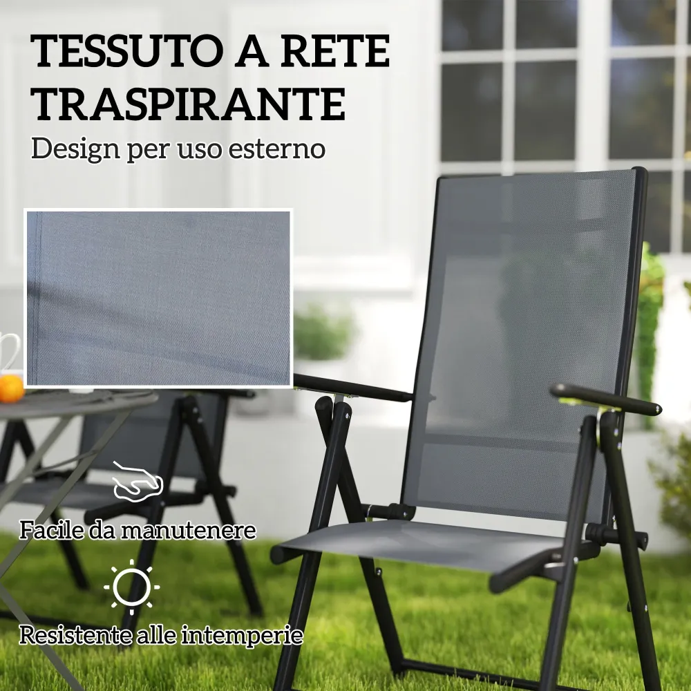 Set 4 Sedie da Giardino 56x69x106 cm Pieghevoli e Traspiranti Acciaio e Poliestere Grigio
