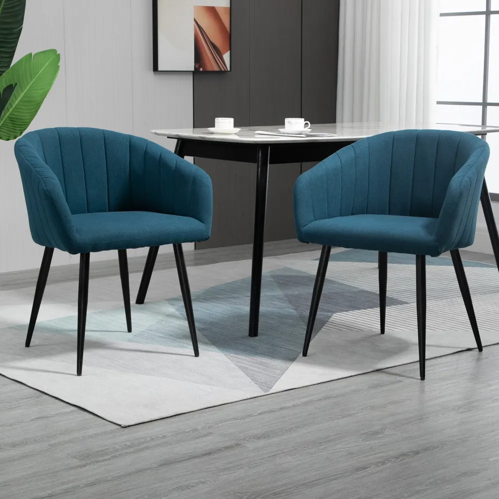 Set 2 Sedie Imbottite Tessuto Effetto Lino Blu