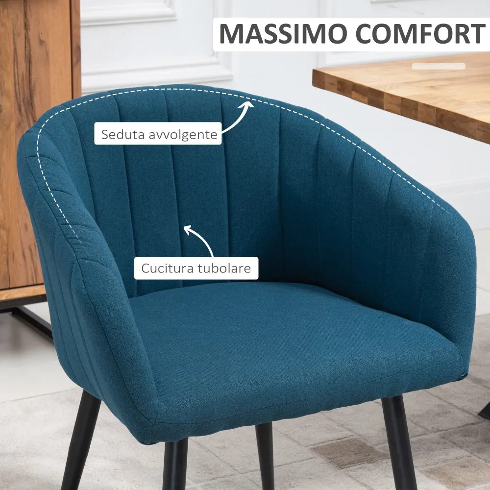 Set 2 Sedie Imbottite Tessuto Effetto Lino Blu