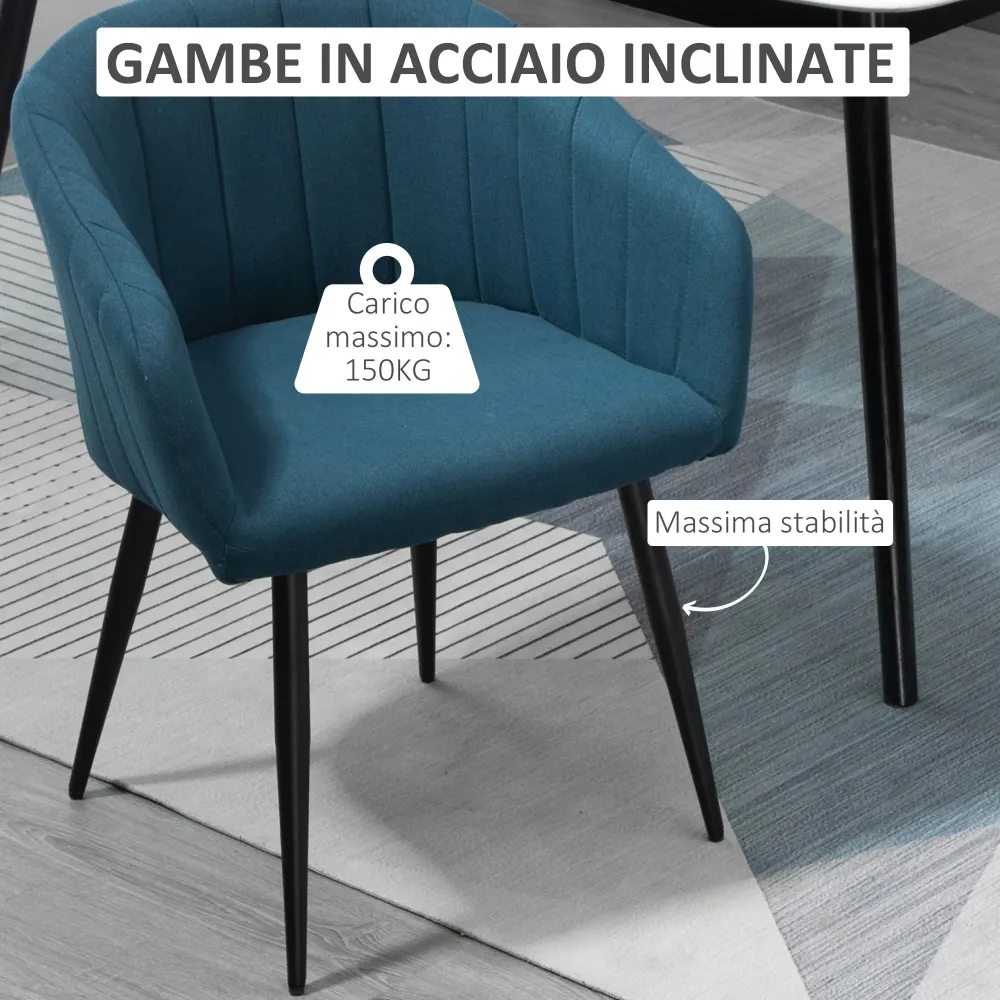 Set 2 Sedie Imbottite Tessuto Effetto Lino Blu