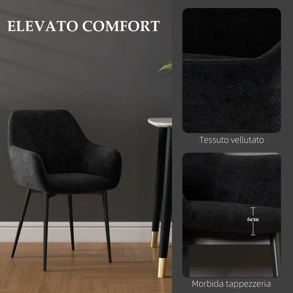 Set 2 Sedie Moderne con Braccioli 54x57x80 cm Tessuto Effetto Velluto Nero