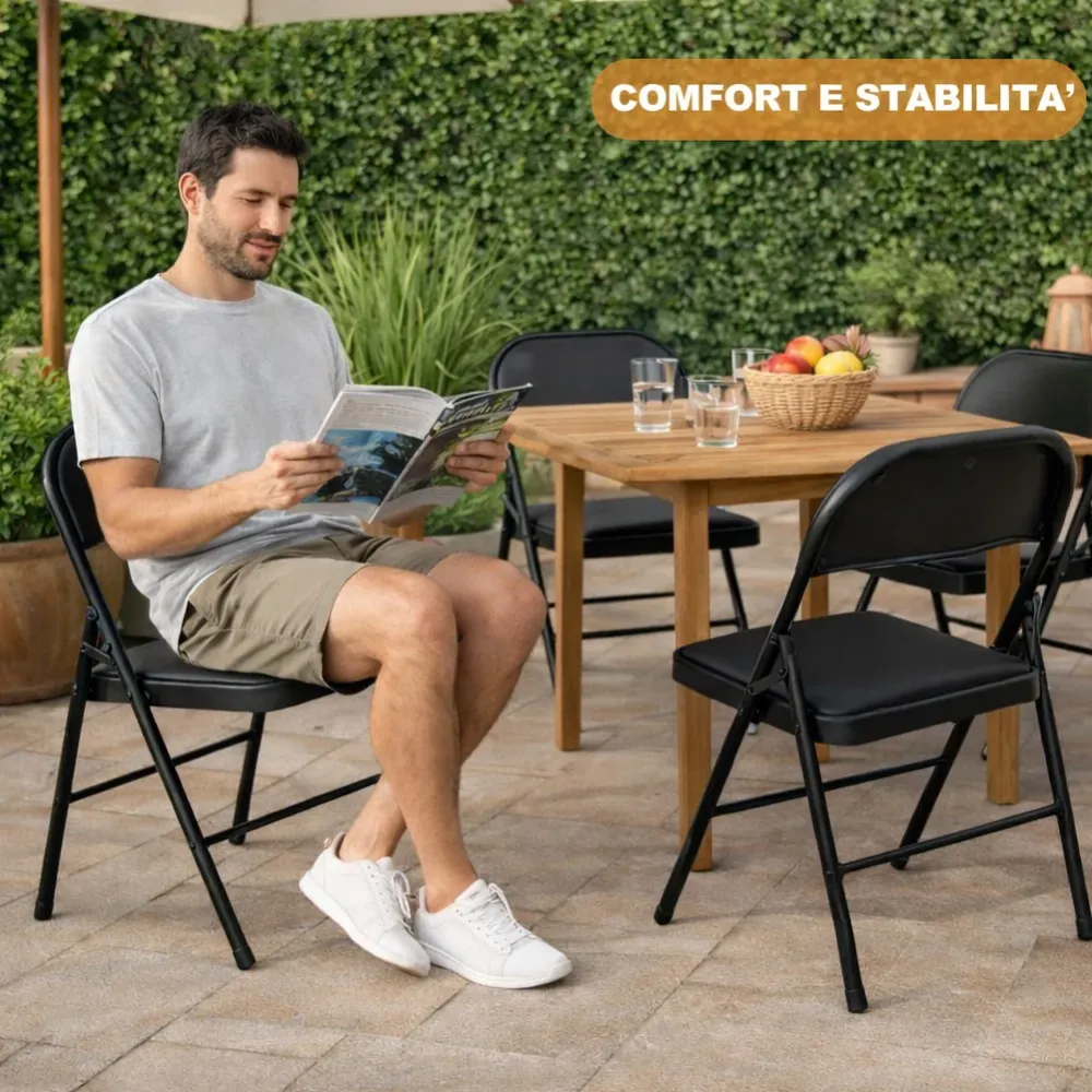 Set 4 Sedie Nere Metallo e Seduta Ecopelle Imbottita Sedia Ergonomica