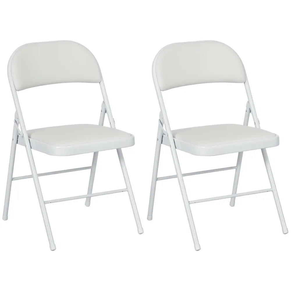 Set 2 Sedie Pieghevoli 45x46x78 cm Imbottite Finta Pelle PU e Metallo Bianco