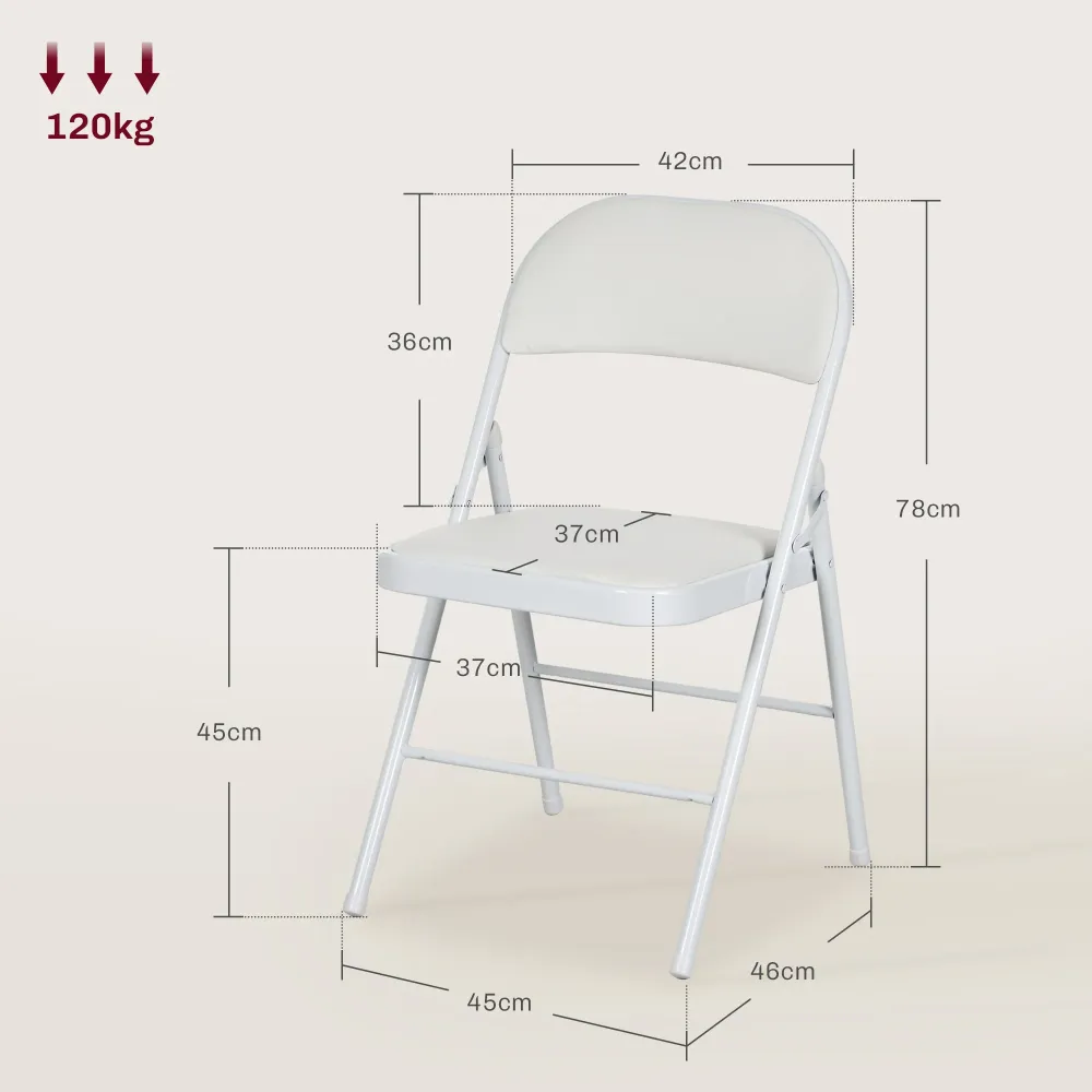 Set 2 Sedie Pieghevoli 45x46x78 cm Imbottite Finta Pelle PU e Metallo Bianco