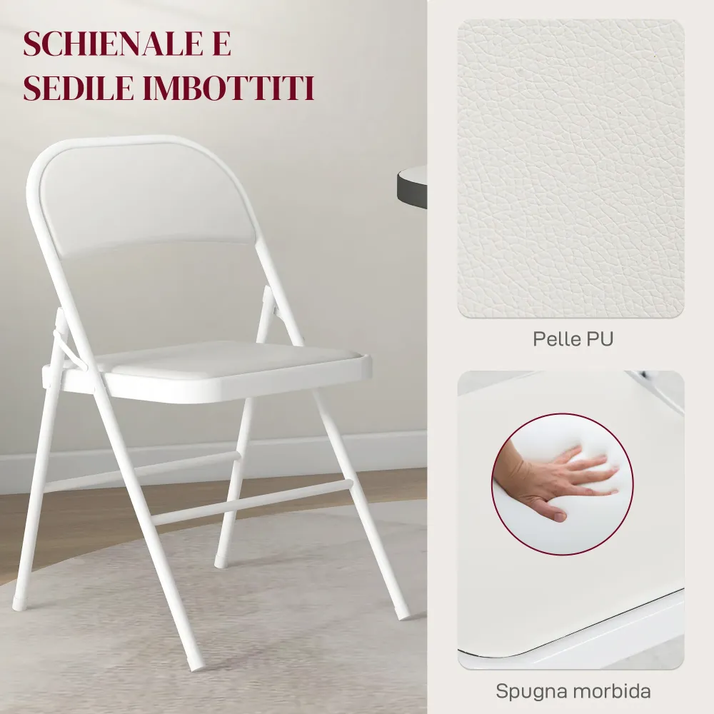 Set 2 Sedie Pieghevoli 45x46x78 cm Imbottite Finta Pelle PU e Metallo Bianco