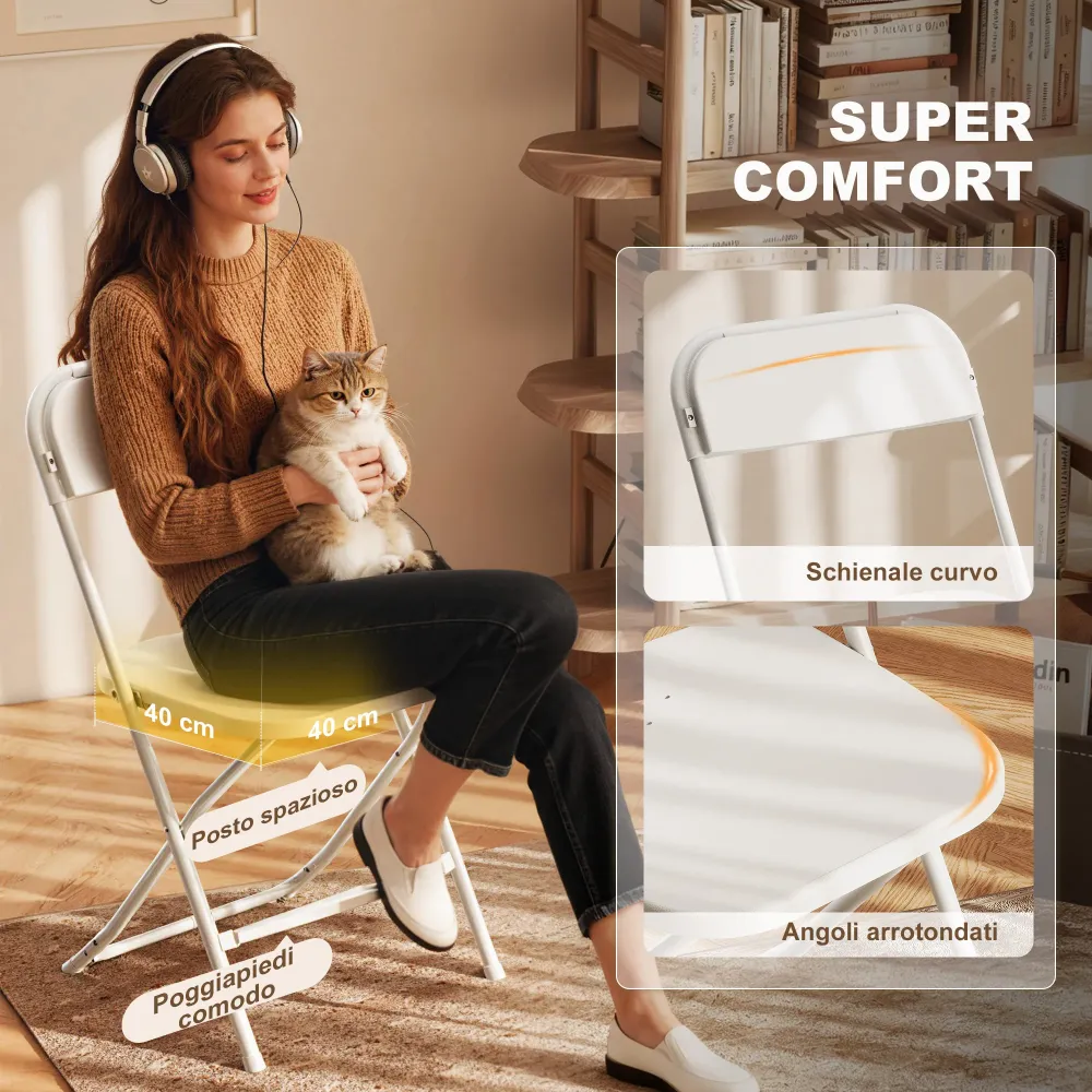 Set 4 Sedie Pieghevoli 45x49x79,5 cm con Fori di Drenaggio Plastica e Metallo Bianco