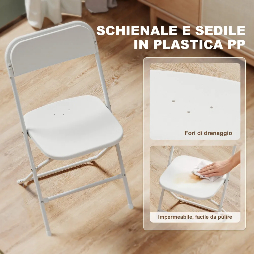 Set 4 Sedie Pieghevoli 45x49x79,5 cm con Fori di Drenaggio Plastica e Metallo Bianco