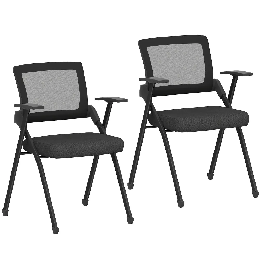 Set 2 Sedie Pieghevoli con Schienale Curvo e Braccioli 61x56x84 cm Tessuto Effetto Lino e Acciaio Nero