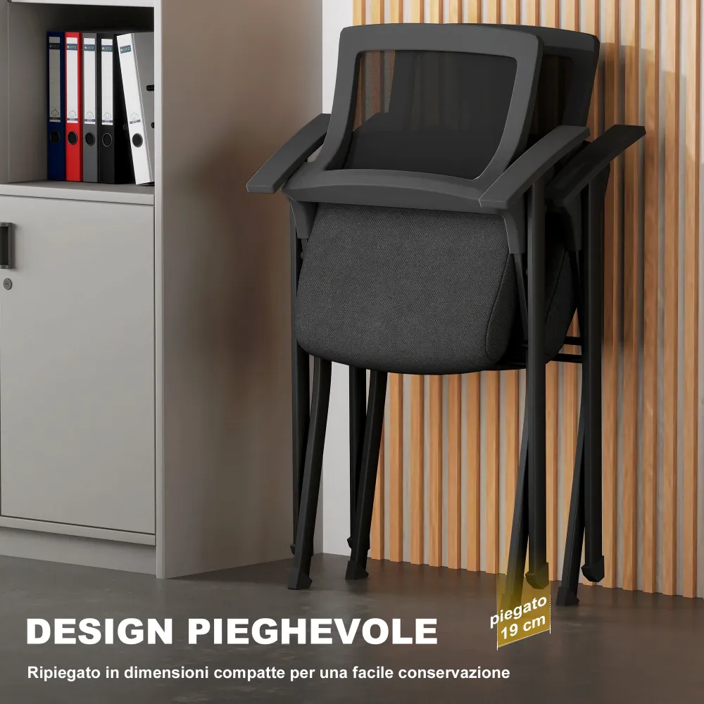 Set 2 Sedie Pieghevoli con Schienale Curvo e Braccioli 61x56x84 cm Tessuto Effetto Lino e Acciaio Nero