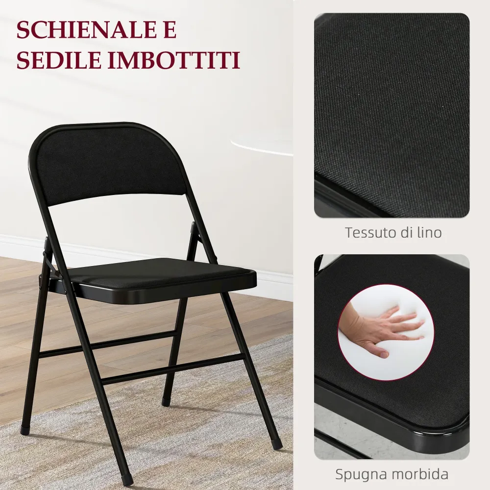 Set 4 Sedie Pieghevoli con Seduta Imbottita e Struttura Acciaio Nero