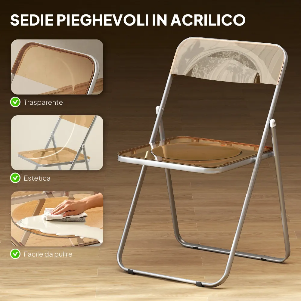 Set 4 Sedie Pieghevoli Salvaspazio 47x48x75 cm Acciaio e Acrilico Arancione
