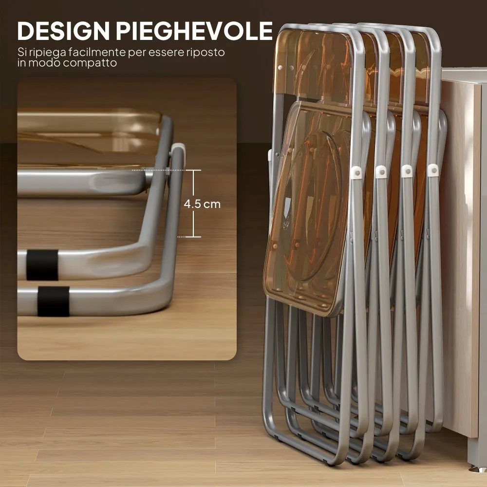 Set 4 Sedie Pieghevoli Salvaspazio 47x48x75 cm Acciaio e Acrilico Arancione