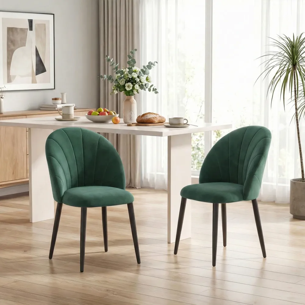 Set 2 Sedie da Pranzo 52x55x79 cm Imbottite con Schienale Conchiglia Velluto Verde Scuro