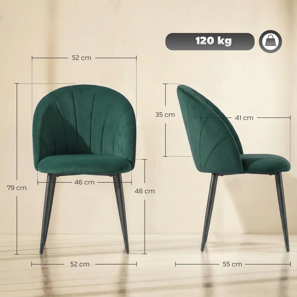 Set 2 Sedie da Pranzo 52x55x79 cm Imbottite con Schienale Conchiglia Velluto Verde Scuro