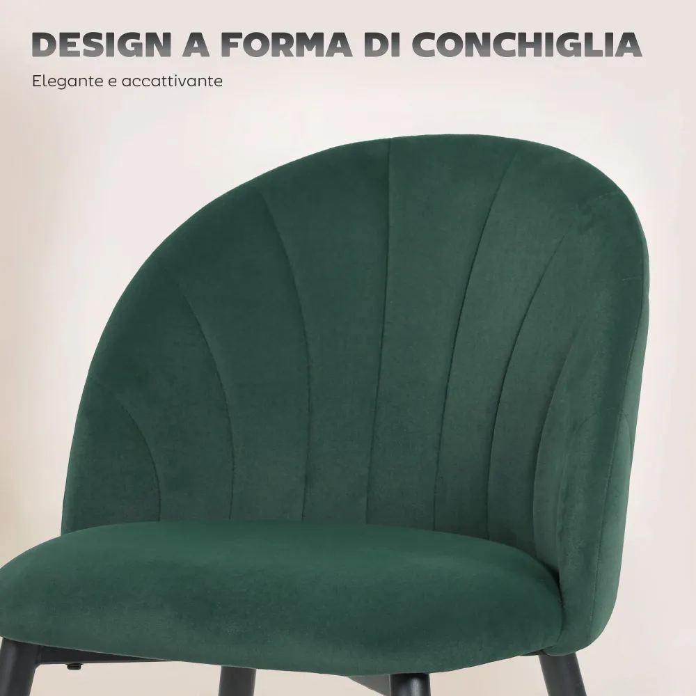 Set 2 Sedie da Pranzo 52x55x79 cm Imbottite con Schienale Conchiglia Velluto Verde Scuro