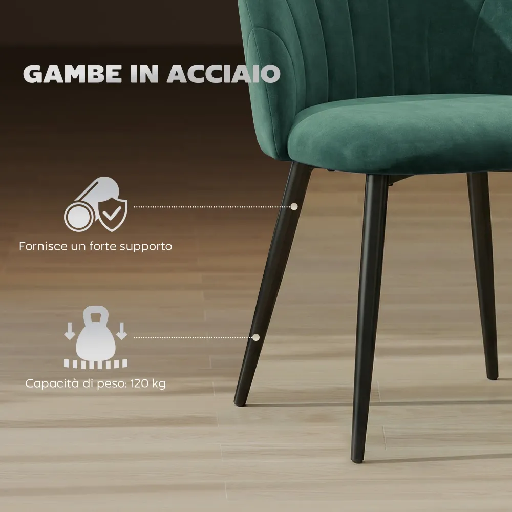 Set 2 Sedie da Pranzo 52x55x79 cm Imbottite con Schienale Conchiglia Velluto Verde Scuro