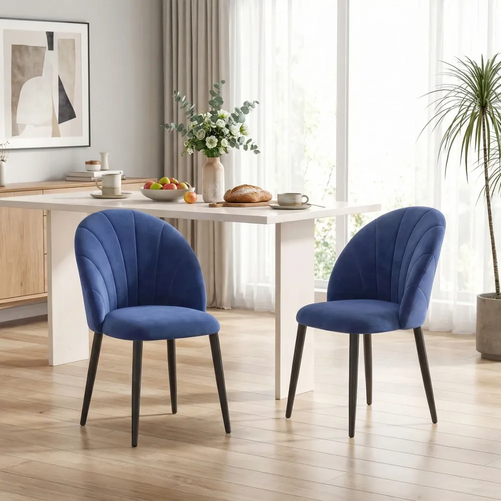 Set 2 Sedie da Pranzo 52x55x79 cm Imbottite con Schienale Conchiglia Velluto Blu