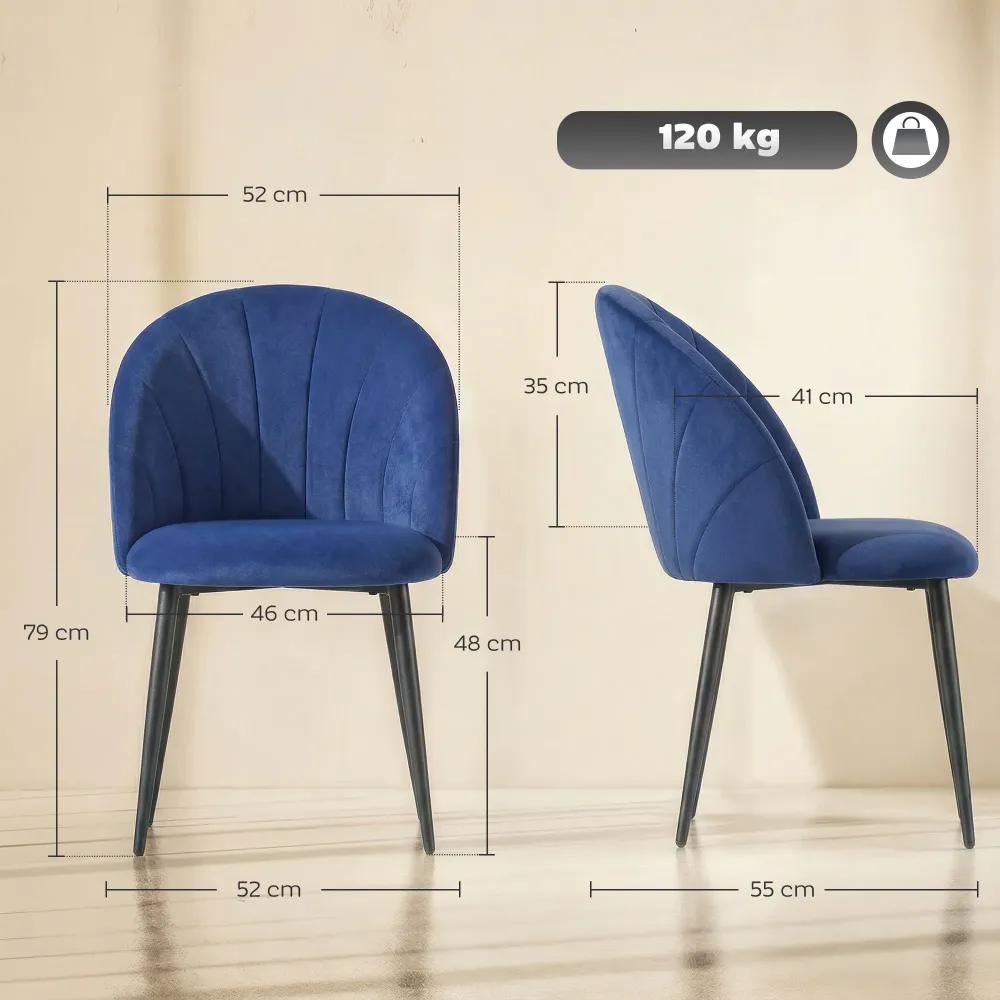 Set 2 Sedie da Pranzo 52x55x79 cm Imbottite con Schienale Conchiglia Velluto Blu