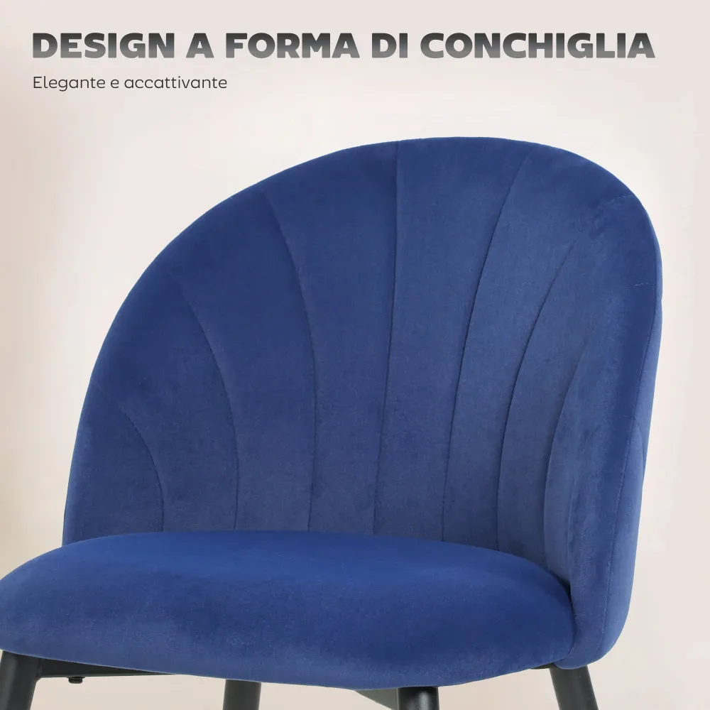 Set 2 Sedie da Pranzo 52x55x79 cm Imbottite con Schienale Conchiglia Velluto Blu