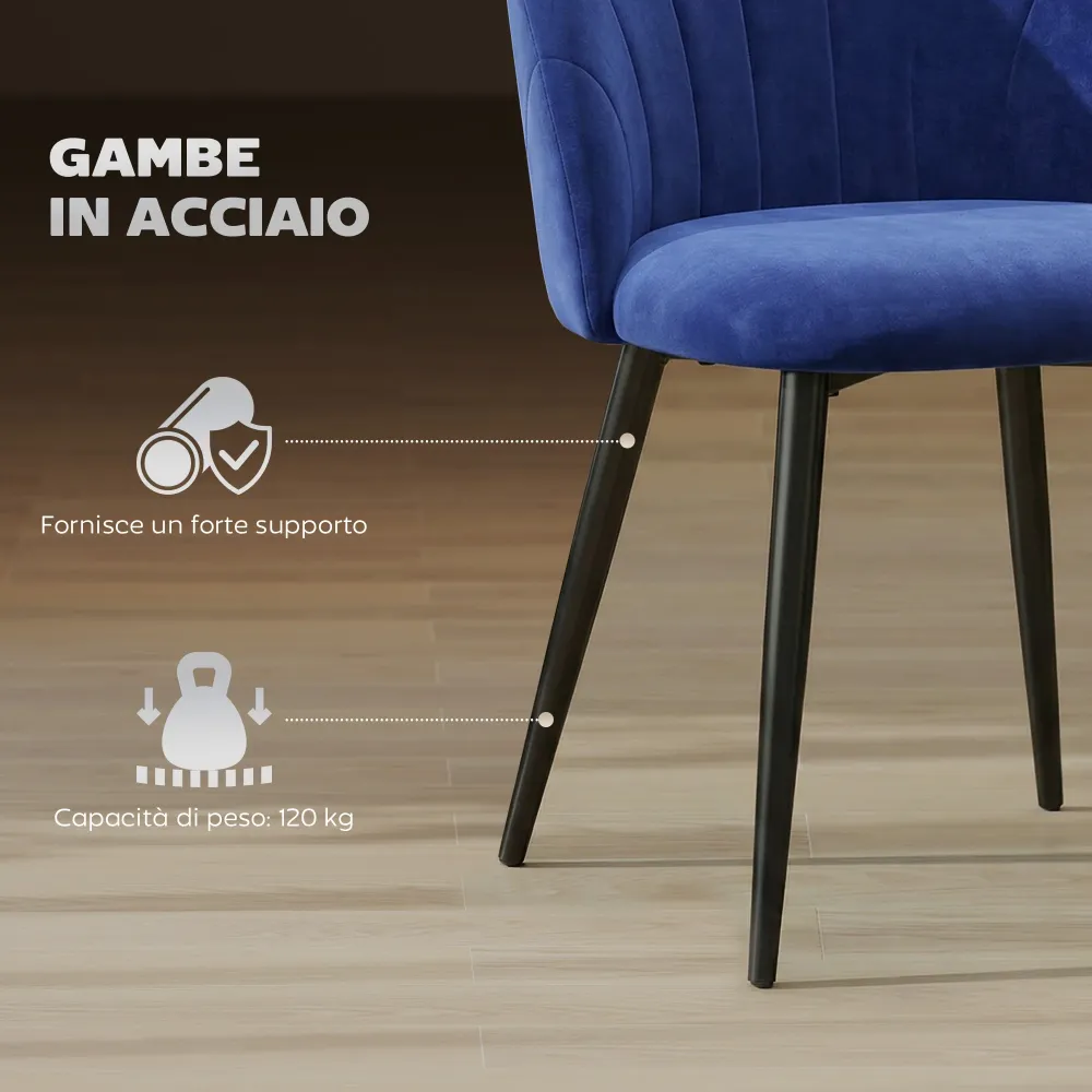 Set 2 Sedie da Pranzo 52x55x79 cm Imbottite con Schienale Conchiglia Velluto Blu