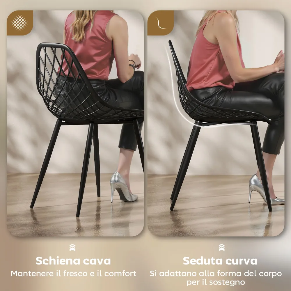 Set 4 Sedie da Pranzo Design Moderno con Schienale Traforato Plastica Nero