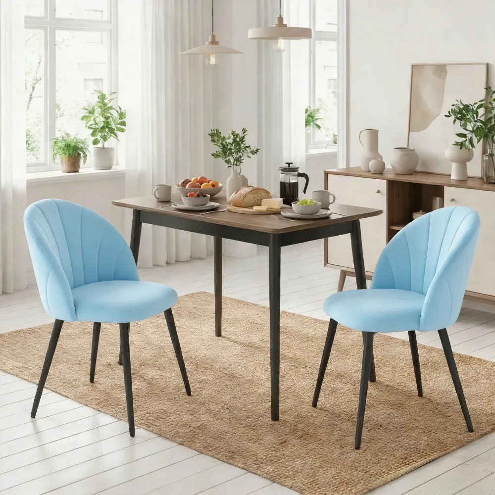 Set 2 Sedie da Pranzo Imbottite 52x55x79 cm con Schienale Conchiglia Velluto Azzurro