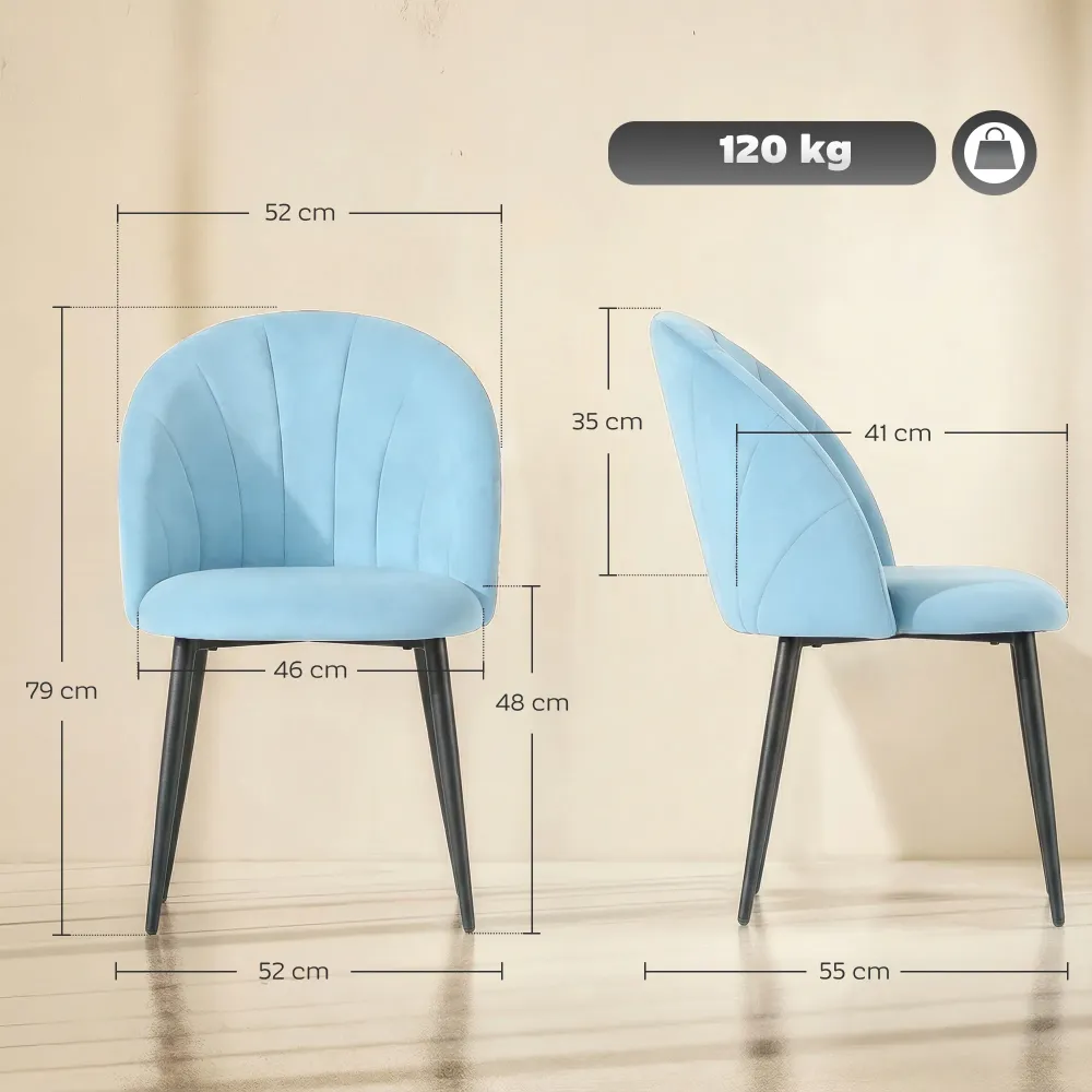 Set 2 Sedie da Pranzo Imbottite 52x55x79 cm con Schienale Conchiglia Velluto Azzurro