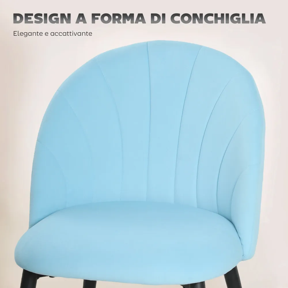 Set 2 Sedie da Pranzo Imbottite 52x55x79 cm con Schienale Conchiglia Velluto Azzurro