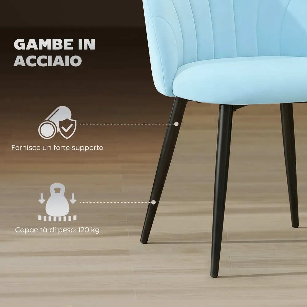 Set 2 Sedie da Pranzo Imbottite 52x55x79 cm con Schienale Conchiglia Velluto Azzurro