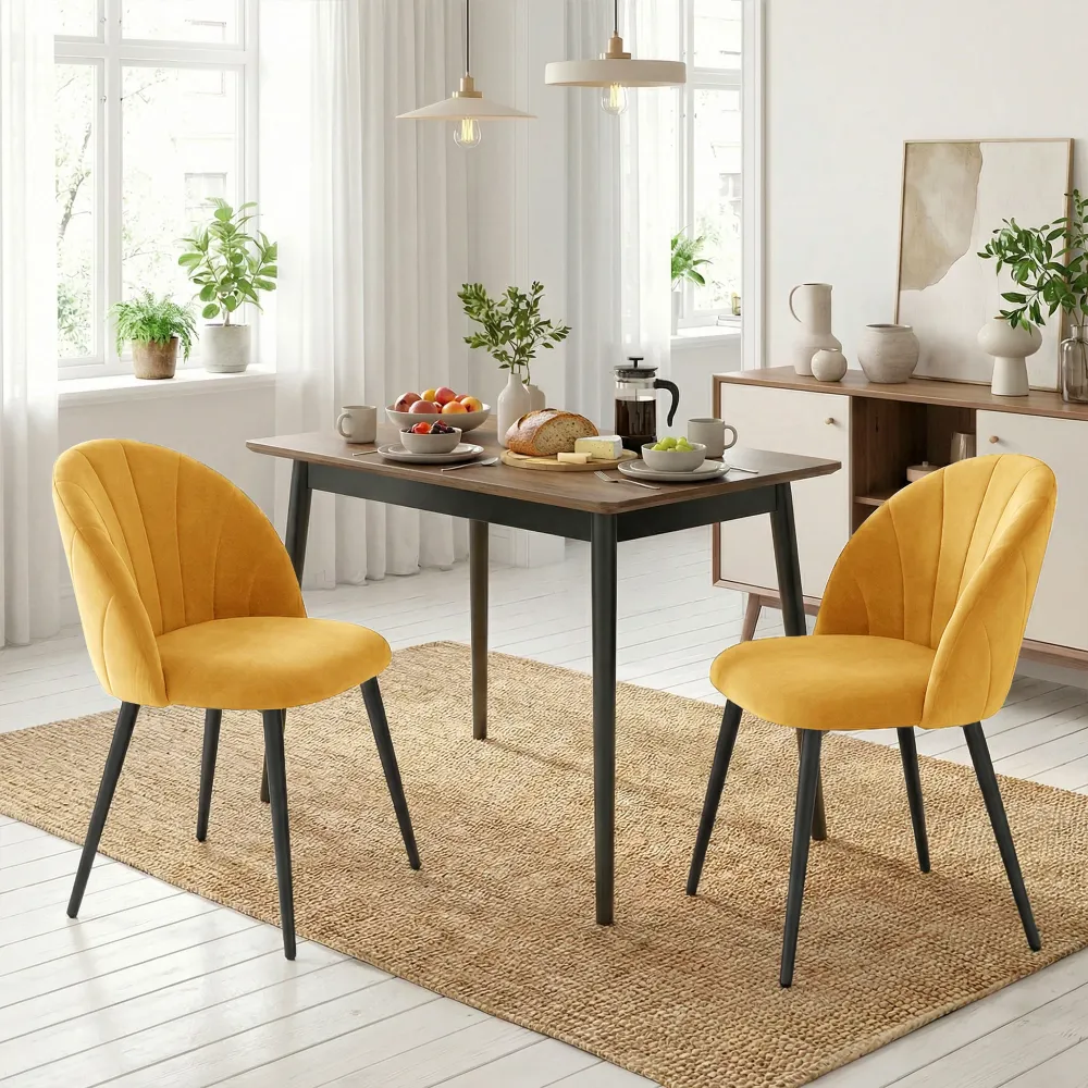 Set 2 Sedie da Pranzo Imbottite 52x55x79 cm con Schienale Conchiglia Velluto Giallo