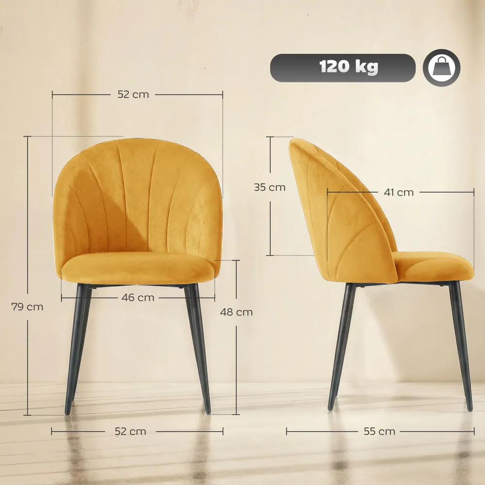 Set 2 Sedie da Pranzo Imbottite 52x55x79 cm con Schienale Conchiglia Velluto Giallo
