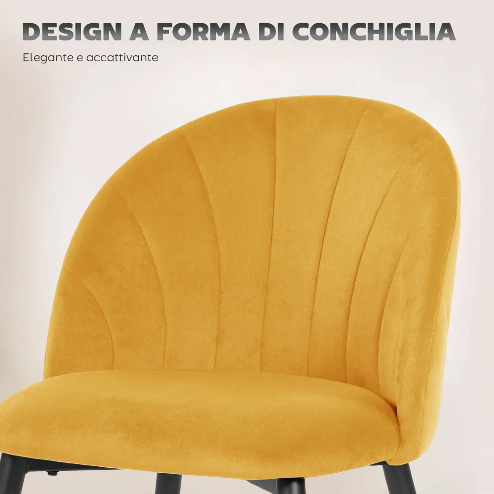 Set 2 Sedie da Pranzo Imbottite 52x55x79 cm con Schienale Conchiglia Velluto Giallo