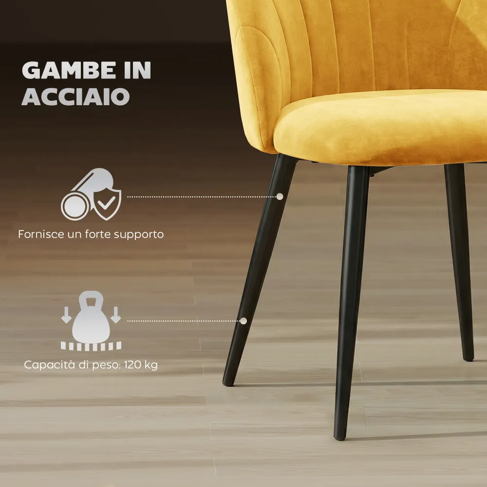 Set 2 Sedie da Pranzo Imbottite 52x55x79 cm con Schienale Conchiglia Velluto Giallo
