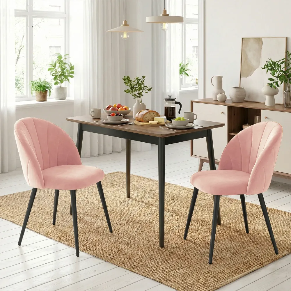 Set 2 Sedie da Pranzo Imbottite 52x55x79 cm con Schienale Conchiglia Velluto Rosa