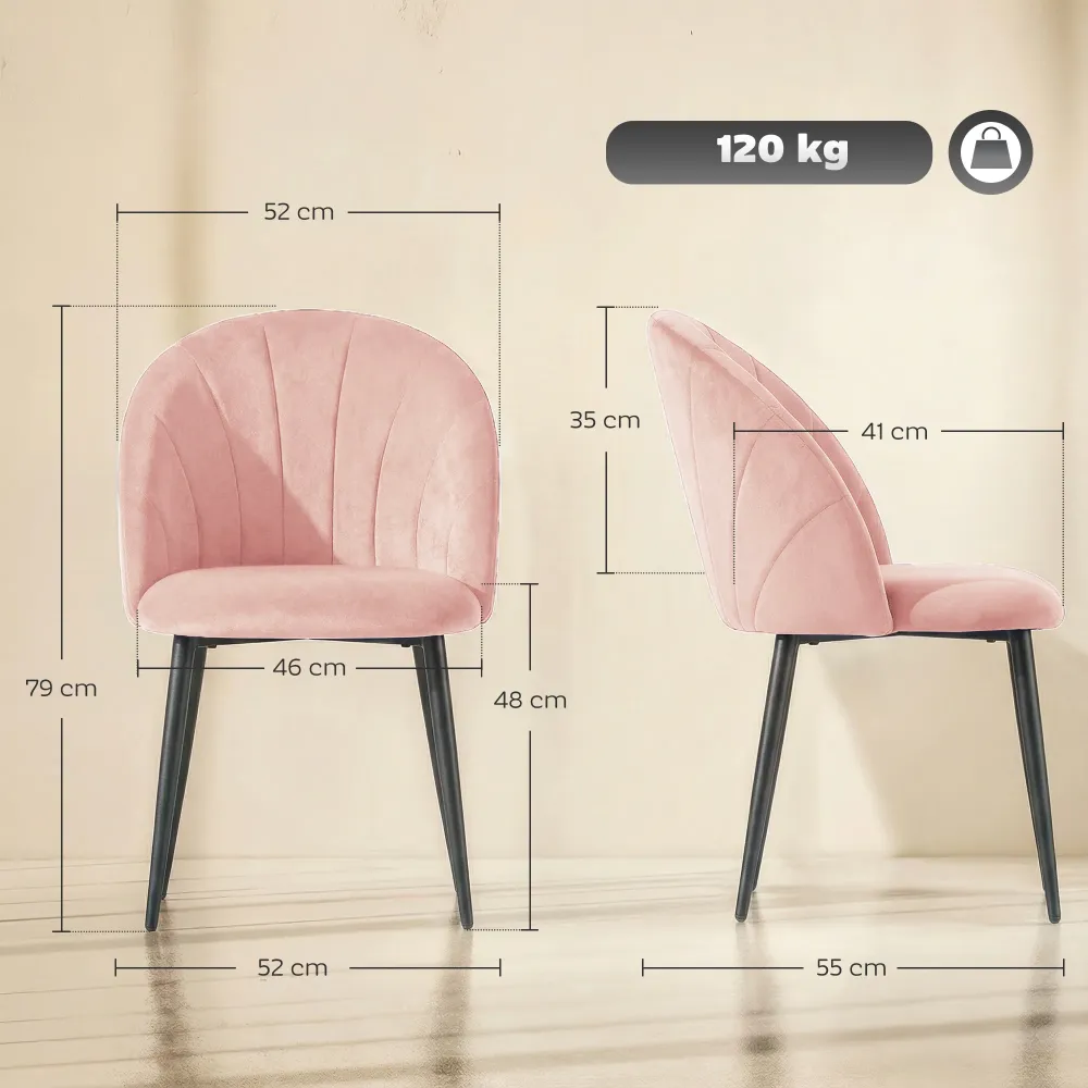 Set 2 Sedie da Pranzo Imbottite 52x55x79 cm con Schienale Conchiglia Velluto Rosa