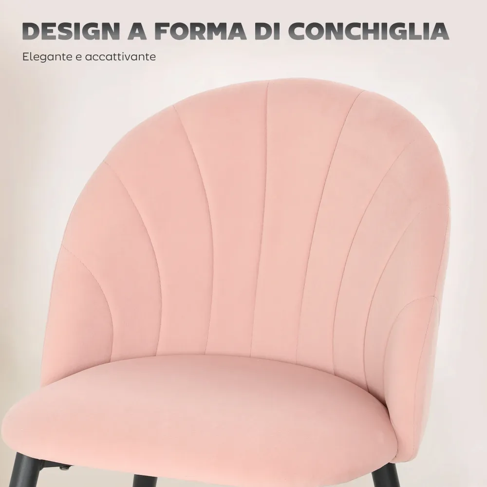 Set 2 Sedie da Pranzo Imbottite 52x55x79 cm con Schienale Conchiglia Velluto Rosa
