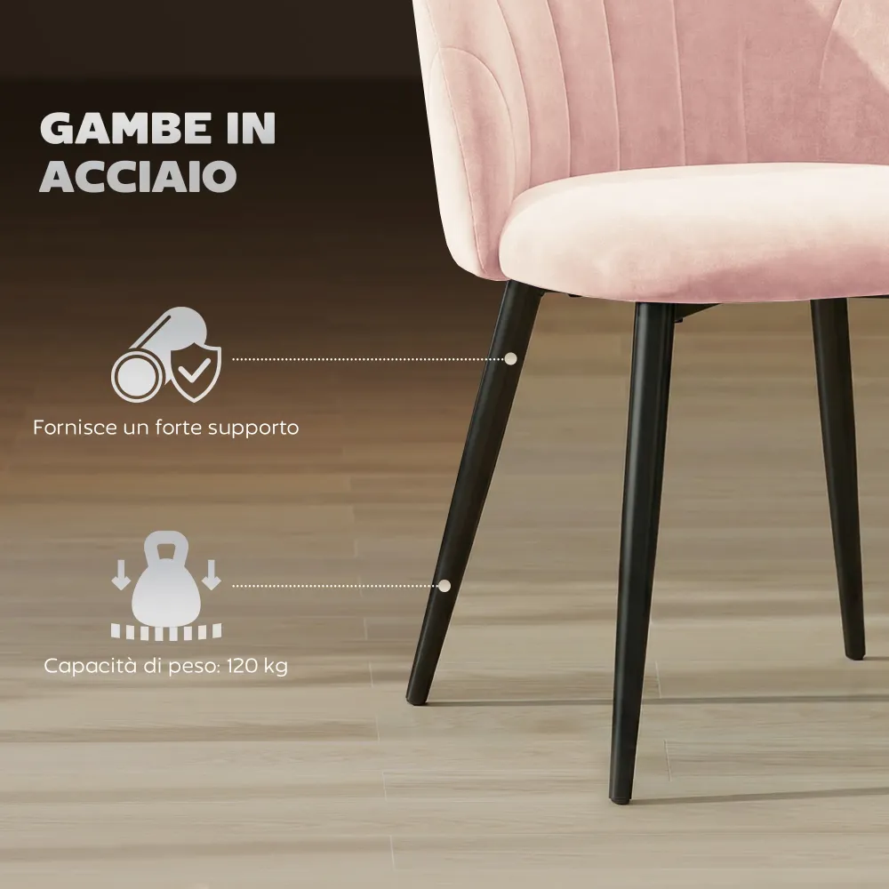 Set 2 Sedie da Pranzo Imbottite 52x55x79 cm con Schienale Conchiglia Velluto Rosa