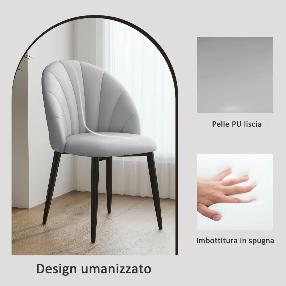 Set 2 Sedie da Pranzo Schienale Conchiglia Pelle PU Grigio Chiaro