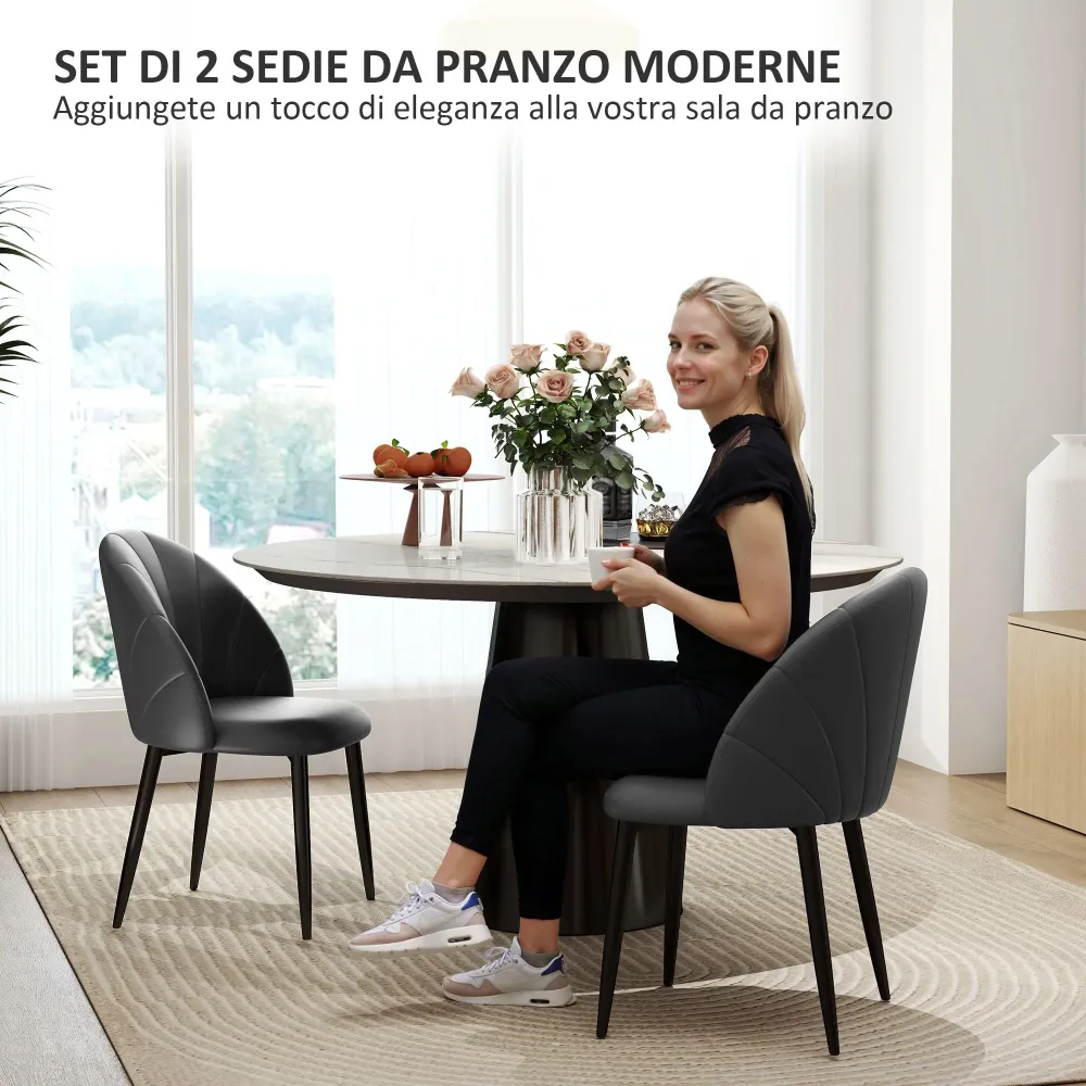 Set 2 Sedie da Pranzo Schienale Conchiglia Pelle PU Grigio Scuro