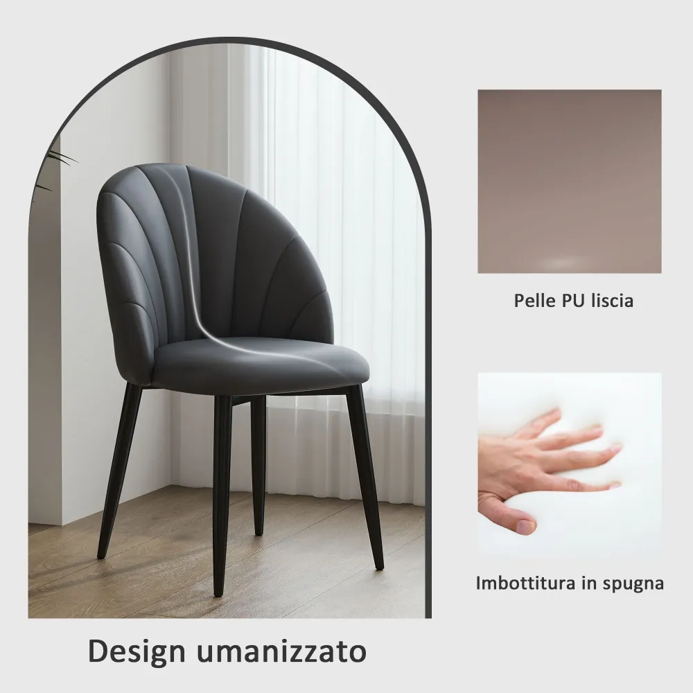 Set 2 Sedie da Pranzo Schienale Conchiglia Pelle PU Grigio Scuro