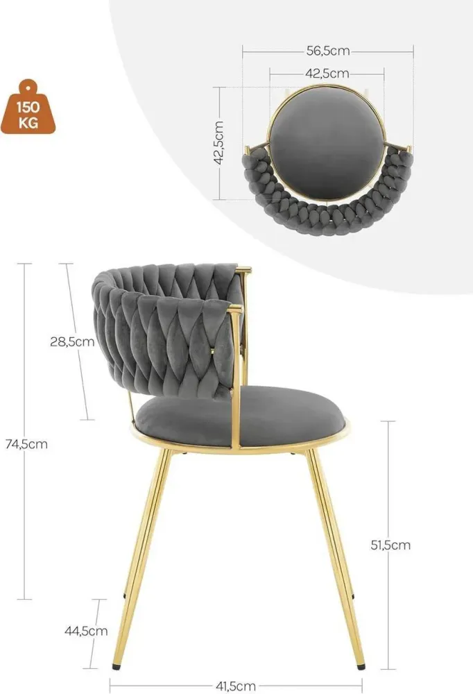 Set di 2 sedie da pranzo, sedia da cucina velluto, gambe metallo grigio scuro oro