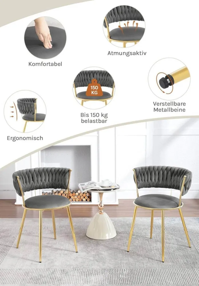 Set di 2 sedie da pranzo, sedia da cucina velluto, gambe metallo grigio scuro oro