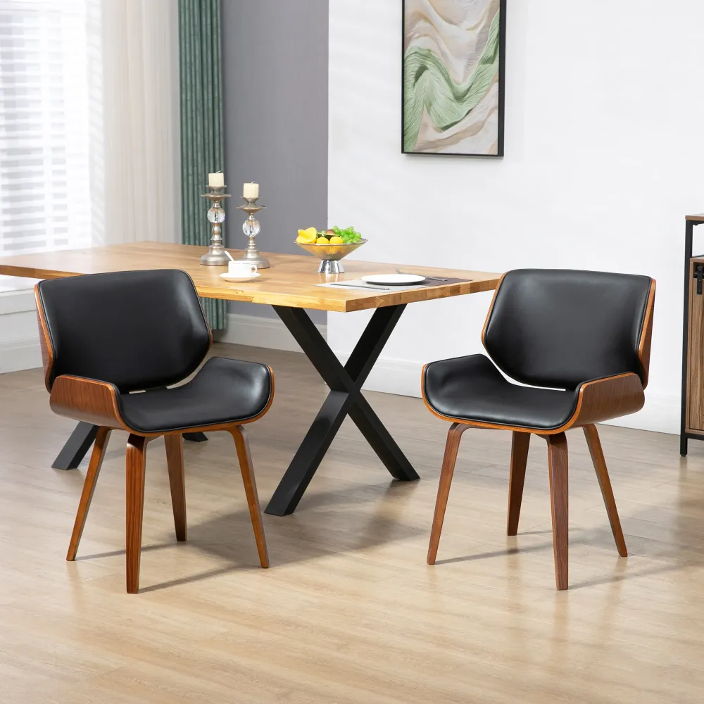 Set di 2 Sedie da Pranzo Stile Vintage Imbottite Legno e Finta Pelle PU Nero e Marrone